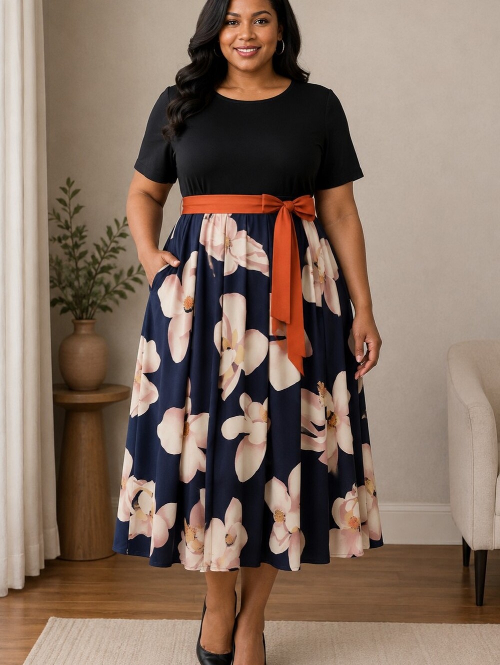 SHEIN Navy Midi Dress with Pink Floral Skirt